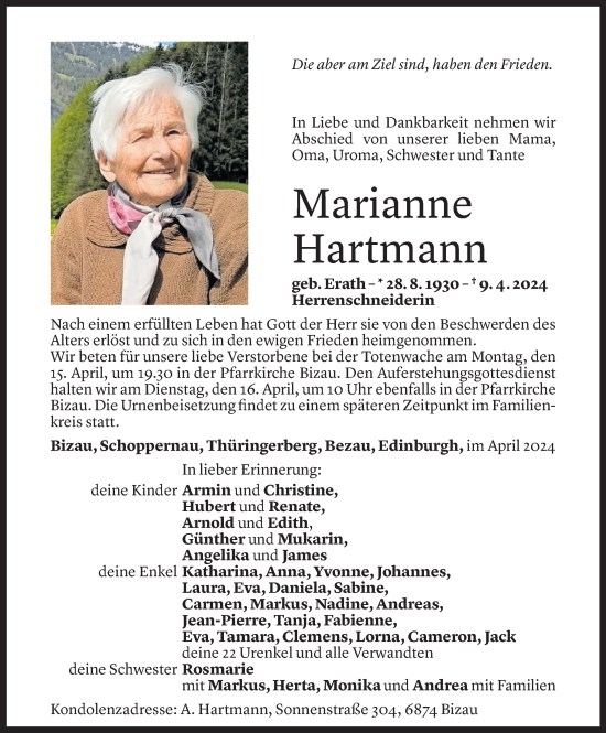 Todesanzeige von Marianne Hartmann von Vorarlberger Nachrichten