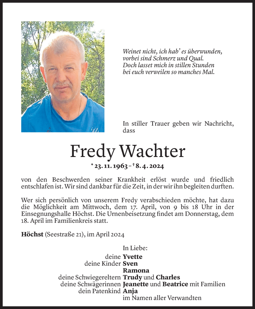  Todesanzeige für Fredy Wachter vom 14.04.2024 aus Vorarlberger Nachrichten