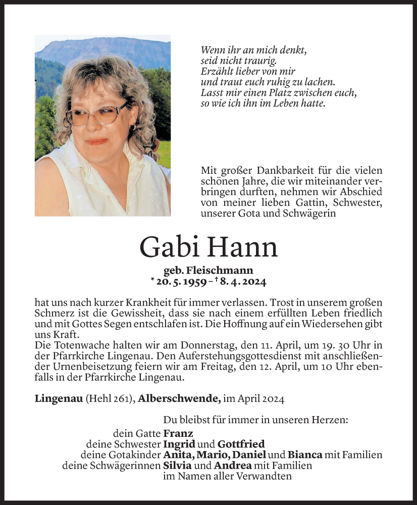  Todesanzeige für Gabriele Hann vom 09.04.2024 aus Vorarlberger Nachrichten