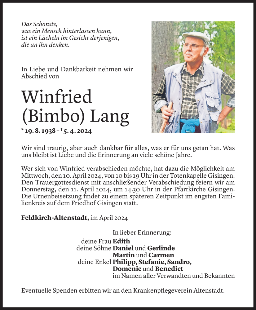  Todesanzeige für Winfried Lang vom 09.04.2024 aus Vorarlberger Nachrichten