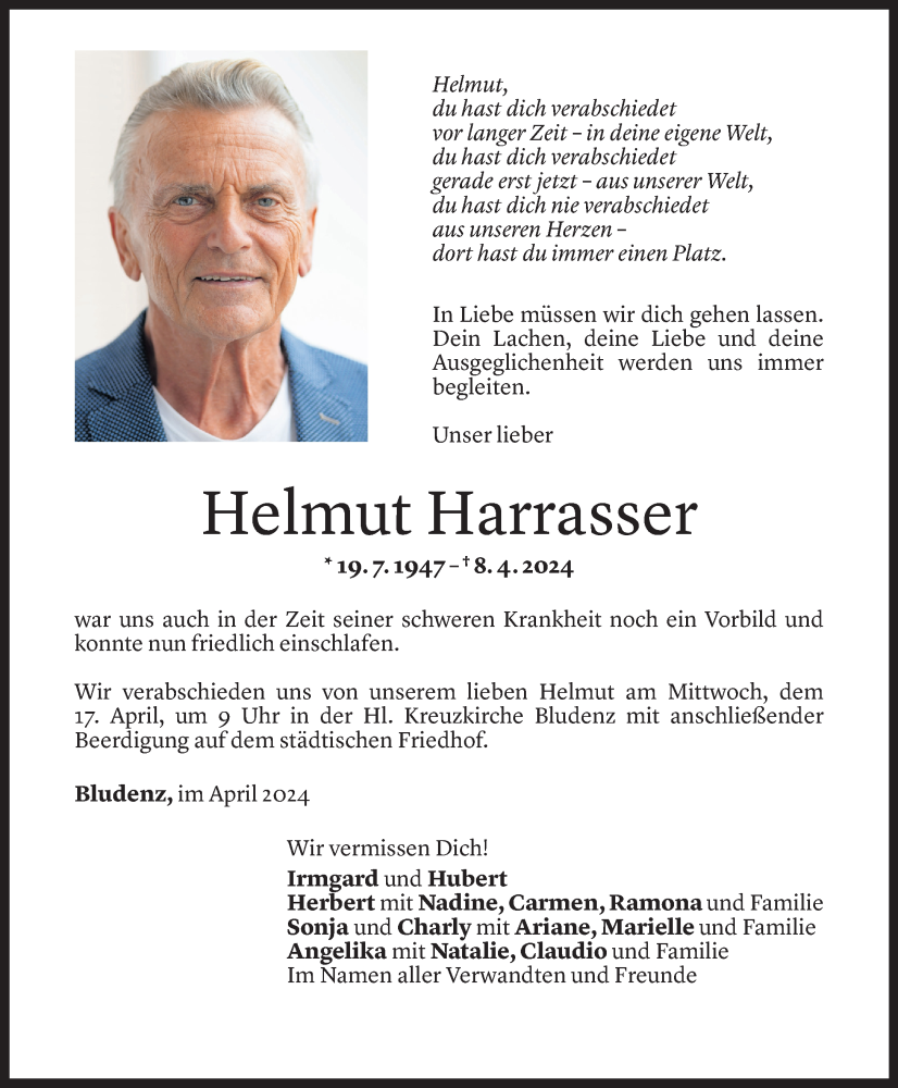  Todesanzeige für Helmut Harrasser vom 13.04.2024 aus Vorarlberger Nachrichten