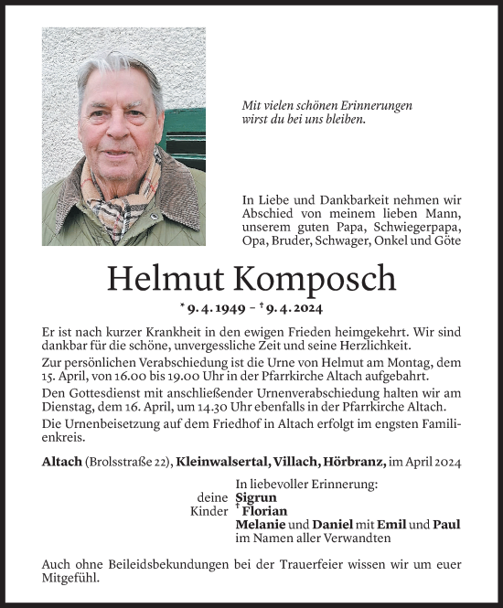 Todesanzeige von Helmut Komposch von Vorarlberger Nachrichten
