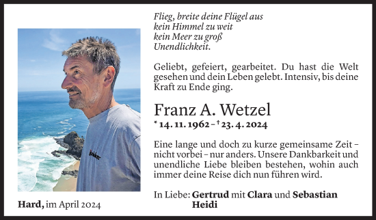 Todesanzeige von Franz Wetzel von Vorarlberger Nachrichten