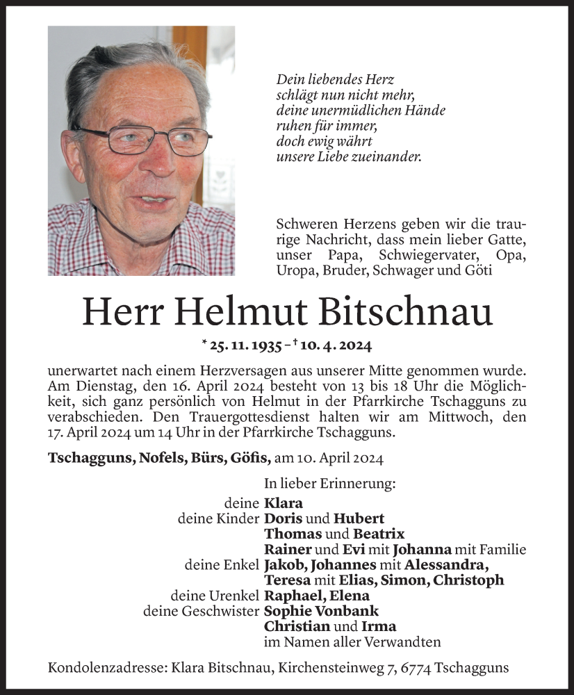  Todesanzeige für Helmut Bitschnau vom 12.04.2024 aus Vorarlberger Nachrichten