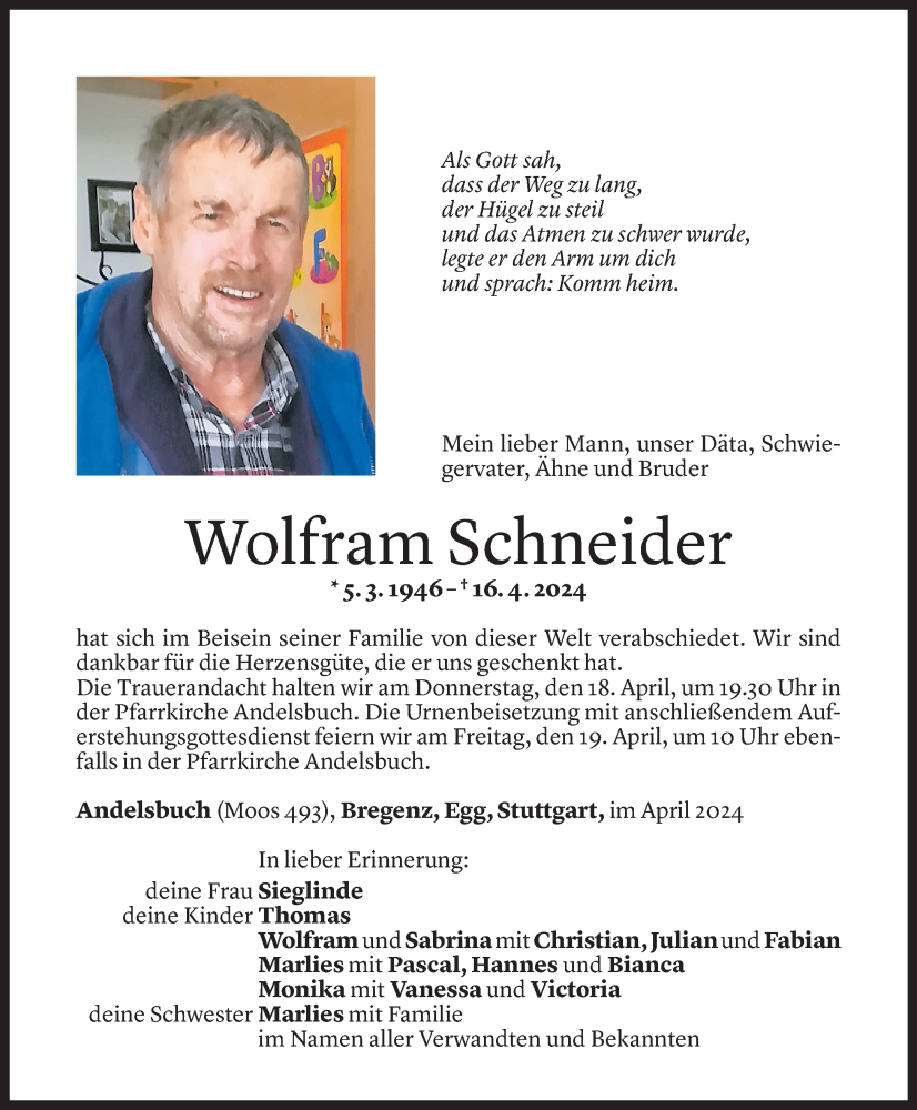  Todesanzeige für Wolfram Schneider vom 17.04.2024 aus Vorarlberger Nachrichten