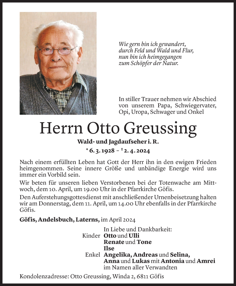  Todesanzeige für Otto Greussing vom 05.04.2024 aus Vorarlberger Nachrichten