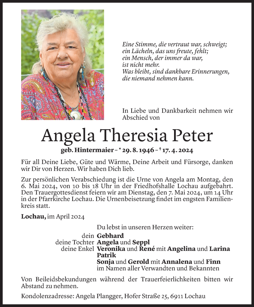  Todesanzeige für Angela Peter vom 25.04.2024 aus Vorarlberger Nachrichten
