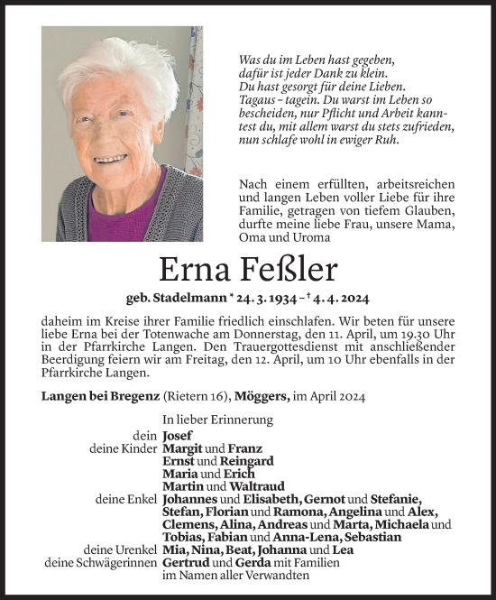 Todesanzeige von Erna Feßler von Vorarlberger Nachrichten