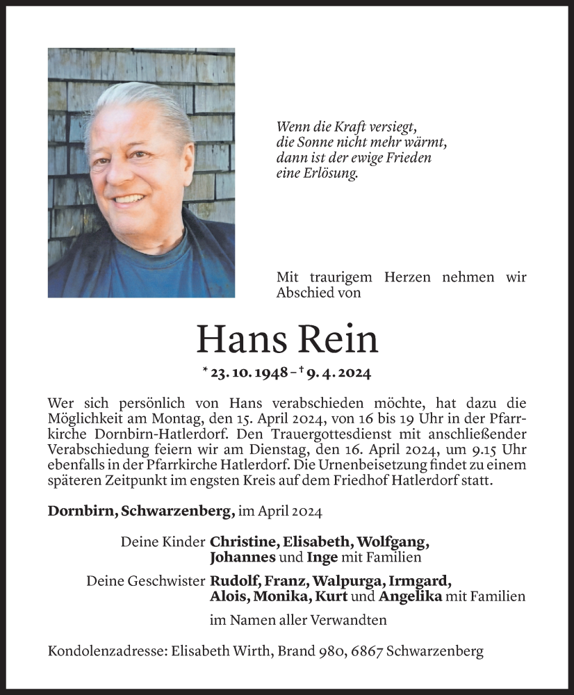  Todesanzeige für Hans Rein vom 12.04.2024 aus Vorarlberger Nachrichten