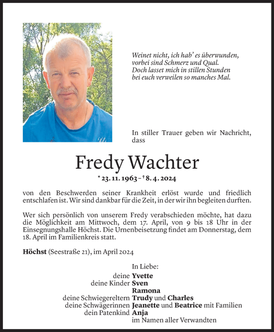 Todesanzeige von Fredy Wachter von Vorarlberger Nachrichten