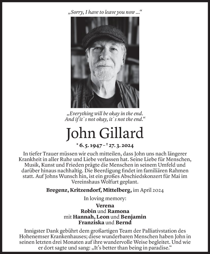  Todesanzeige für John Gillard vom 06.04.2024 aus Vorarlberger Nachrichten