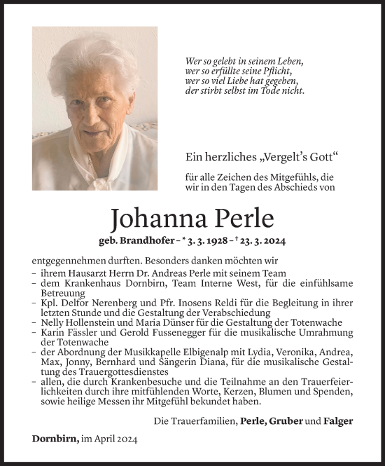 Todesanzeige von Johanna Perle von Vorarlberger Nachrichten