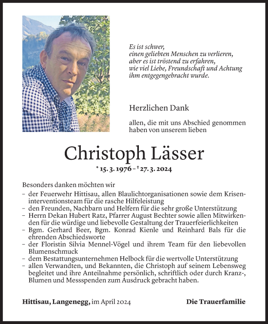 Todesanzeige von Christoph Lässer von Vorarlberger Nachrichten