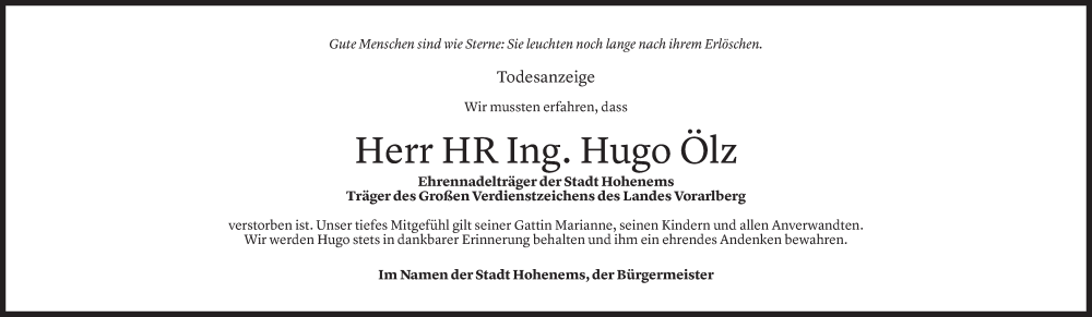  Todesanzeige für Hugo Ölz vom 11.04.2024 aus Vorarlberger Nachrichten