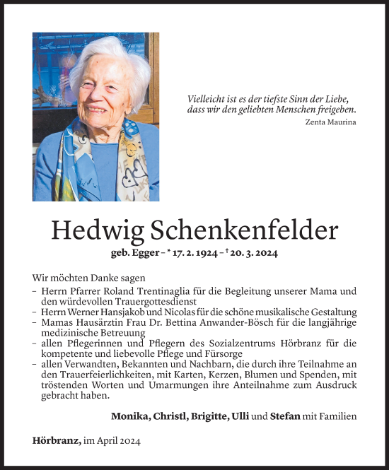 Todesanzeige von Hedwig Schenkenfelder von Vorarlberger Nachrichten