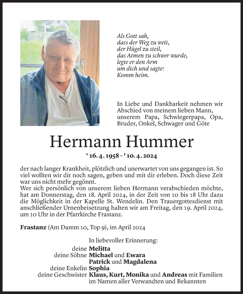  Todesanzeige für Hermann Hummer vom 12.04.2024 aus Vorarlberger Nachrichten