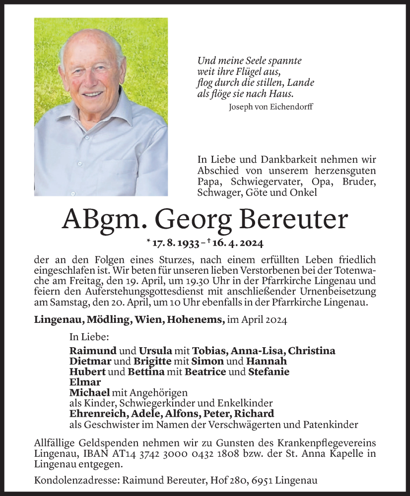  Todesanzeige für Georg Bereuter vom 18.04.2024 aus Vorarlberger Nachrichten