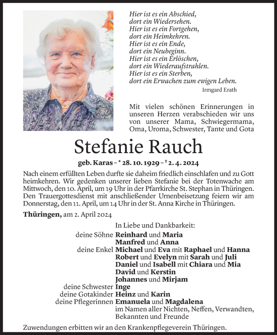 Todesanzeige von Stefanie Rauch von Vorarlberger Nachrichten