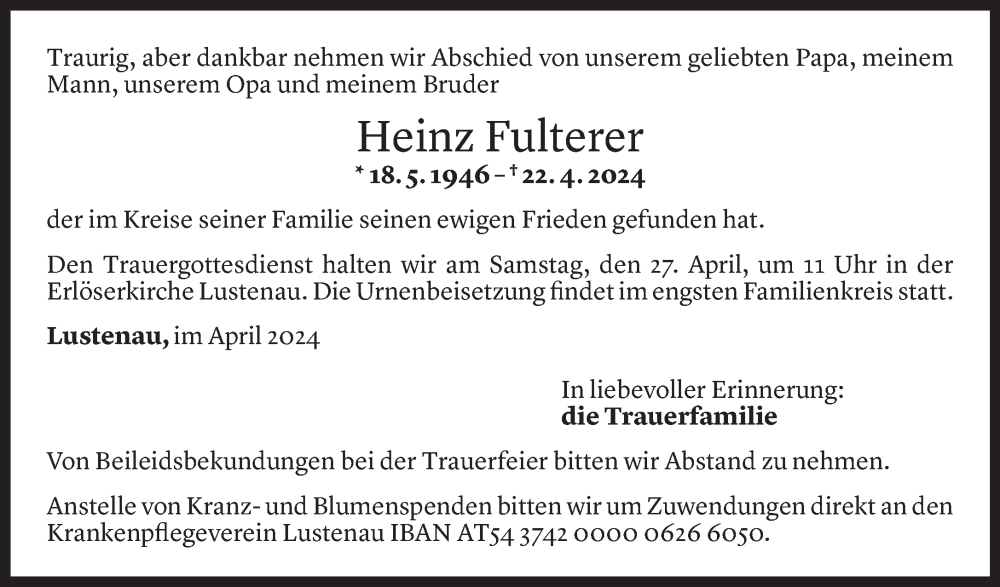  Todesanzeige für Heinz Fulterer vom 23.04.2024 aus Vorarlberger Nachrichten