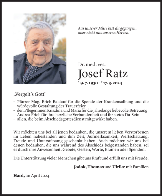 Todesanzeige von Josef Ratz von Vorarlberger Nachrichten