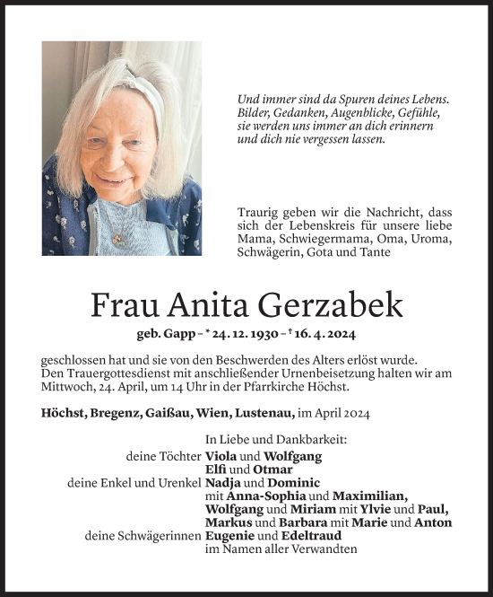 Todesanzeige von Anita Gerzabek von Vorarlberger Nachrichten