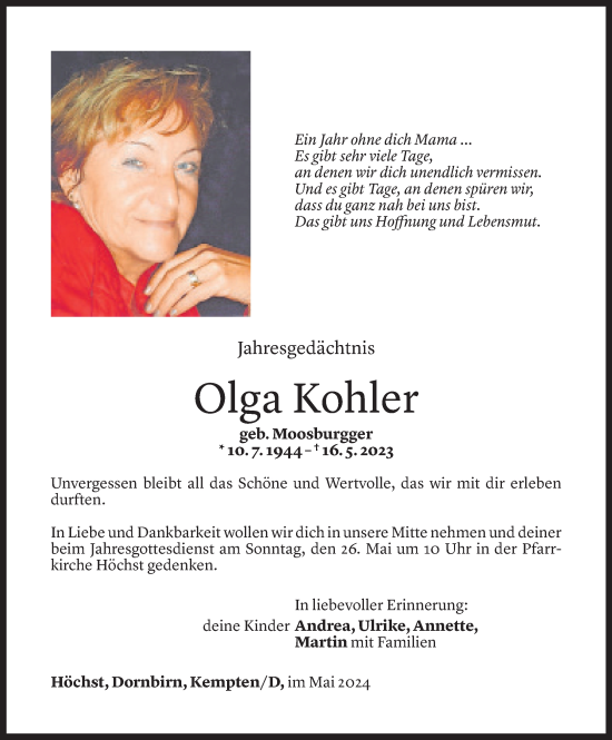 Todesanzeige von Olga Kohler von Vorarlberger Nachrichten