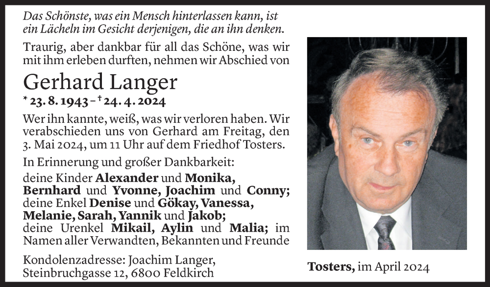  Todesanzeige für Gerhard Langer vom 01.05.2024 aus Vorarlberger Nachrichten