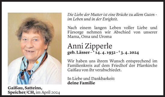 Todesanzeige von Anni Zipperle von Vorarlberger Nachrichten