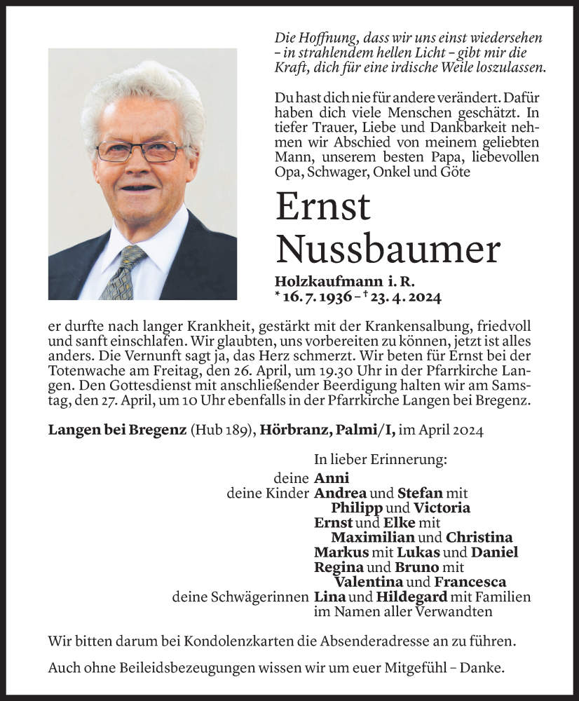  Todesanzeige für Ernst Nussbaumer vom 25.04.2024 aus Vorarlberger Nachrichten