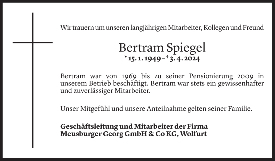 Todesanzeige von Bertram Spiegel von Vorarlberger Nachrichten