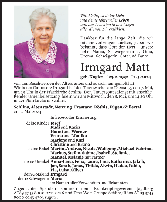 Todesanzeige von Irmgard Matt von Vorarlberger Nachrichten