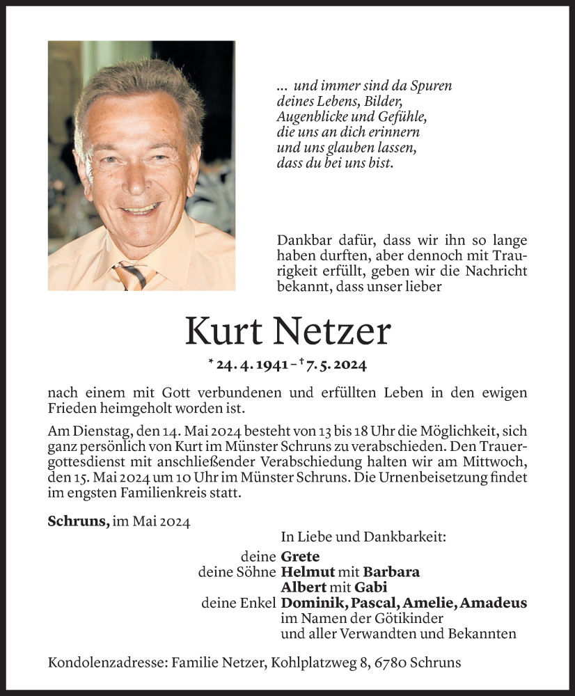  Todesanzeige für Kurt Netzer vom 10.05.2024 aus Vorarlberger Nachrichten