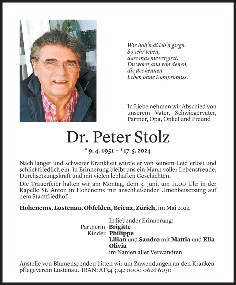 Todesanzeige für Peter Stolz vom 29.05.2024 aus Vorarlberger Nachrichten