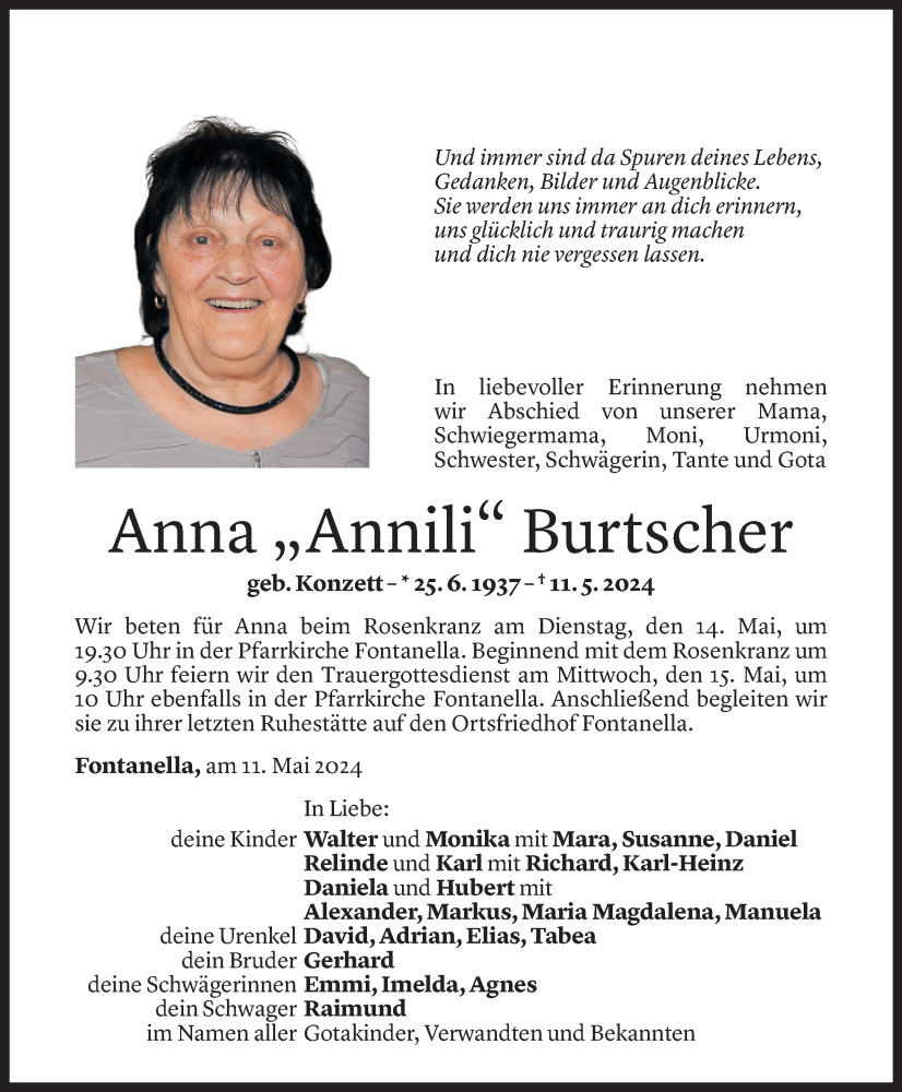  Todesanzeige für Anna Burtscher vom 12.05.2024 aus Vorarlberger Nachrichten