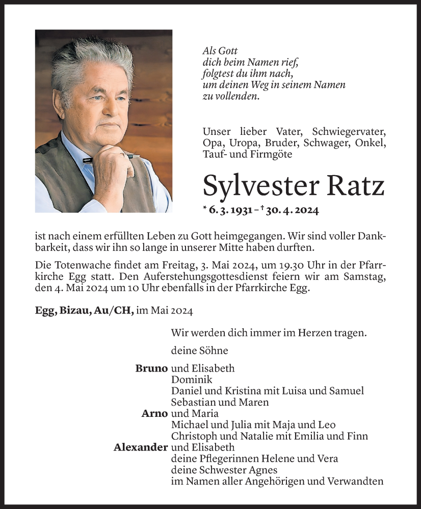  Todesanzeige für Sylvester Ratz vom 02.05.2024 aus Vorarlberger Nachrichten