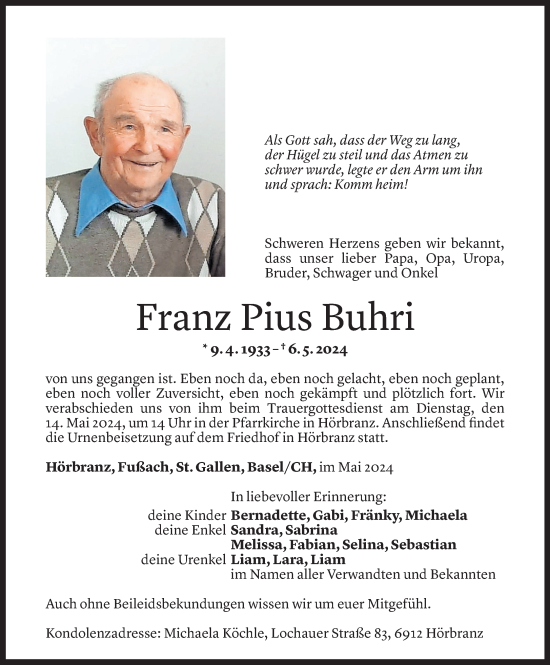 Todesanzeige von Franz Buhri von Vorarlberger Nachrichten