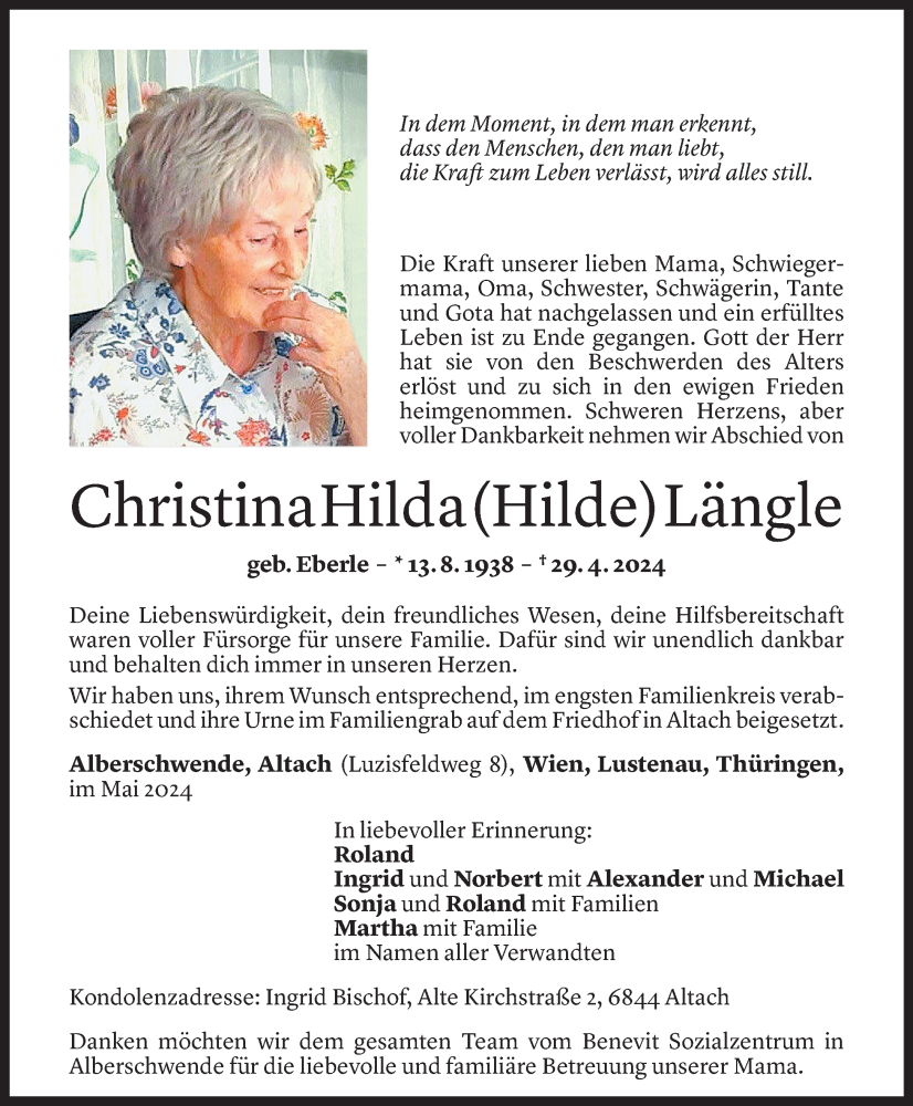  Todesanzeige für Christina Hilda Längle vom 06.05.2024 aus Vorarlberger Nachrichten