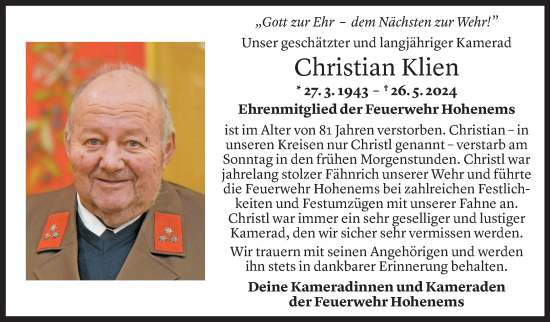 Todesanzeige von Christian Klien von Vorarlberger Nachrichten