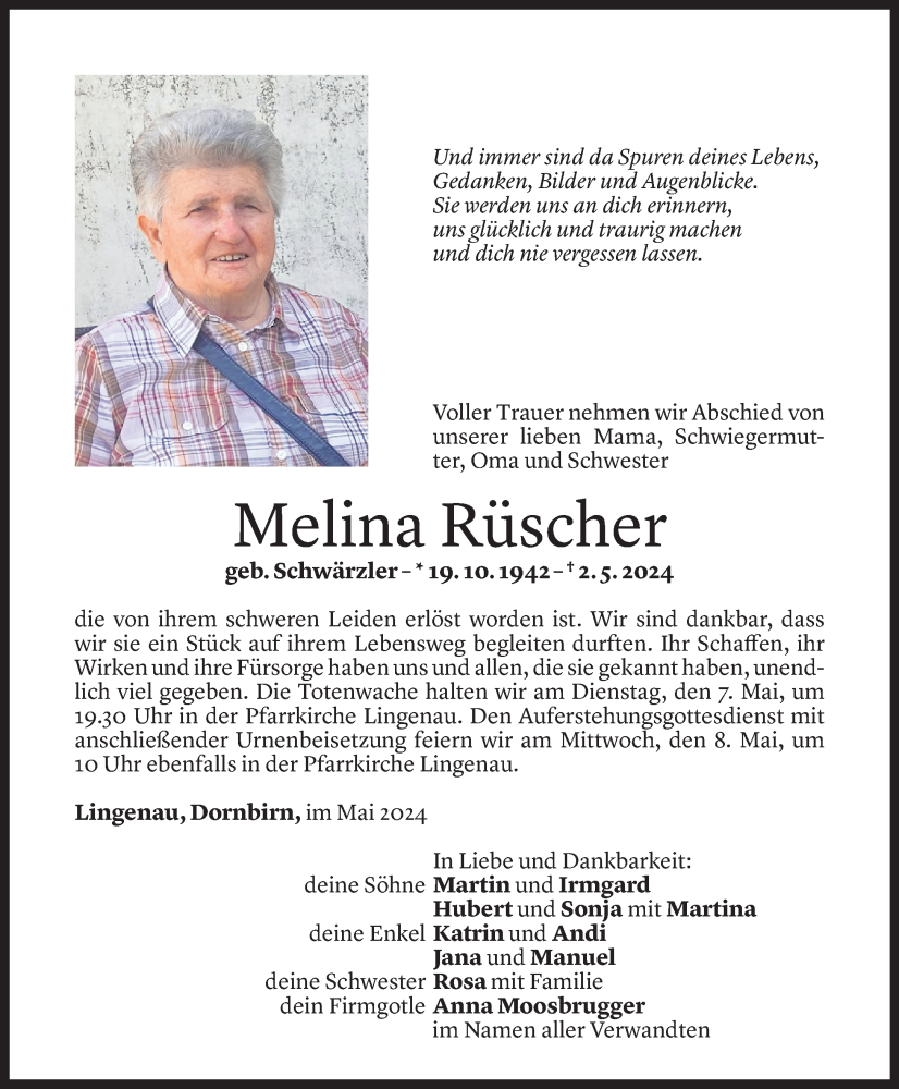  Todesanzeige für Melina Rüscher vom 05.05.2024 aus Vorarlberger Nachrichten