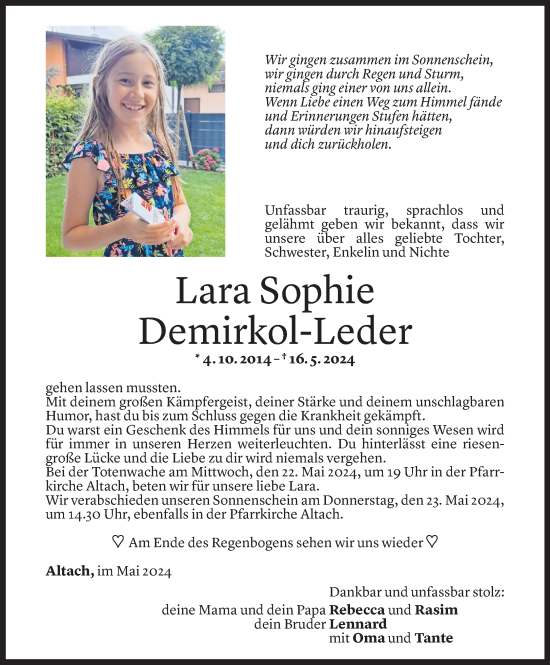 Todesanzeige von Lara Sophie Demirkol-Leder von Vorarlberger Nachrichten