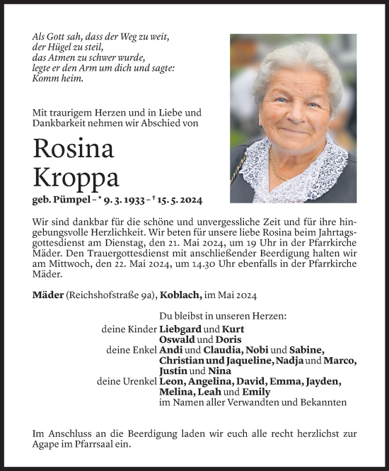 Todesanzeige von Rosina Kroppa von Vorarlberger Nachrichten