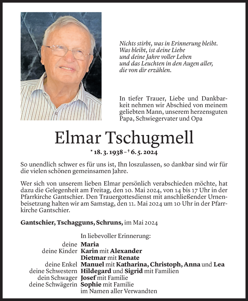  Todesanzeige für Elmar Tschugmell vom 08.05.2024 aus Vorarlberger Nachrichten