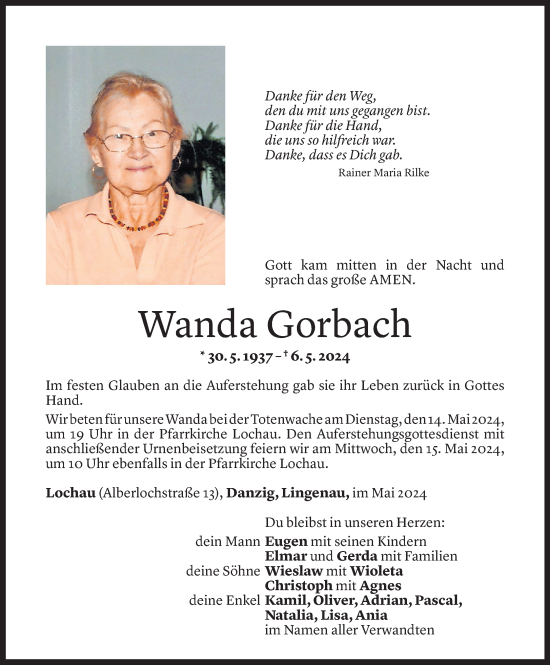 Todesanzeige von Wanda Gorbach von Vorarlberger Nachrichten