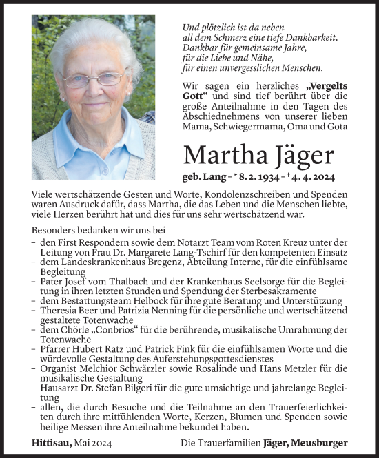 Todesanzeige von Martha Jäger von Vorarlberger Nachrichten