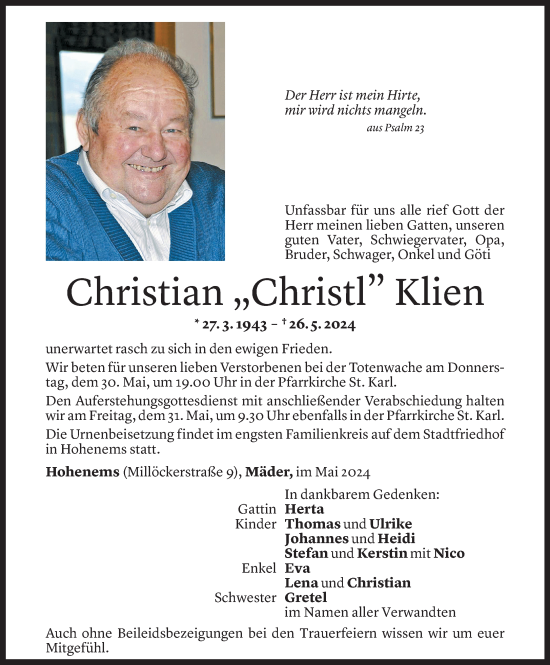 Todesanzeige von Christian Klien von Vorarlberger Nachrichten