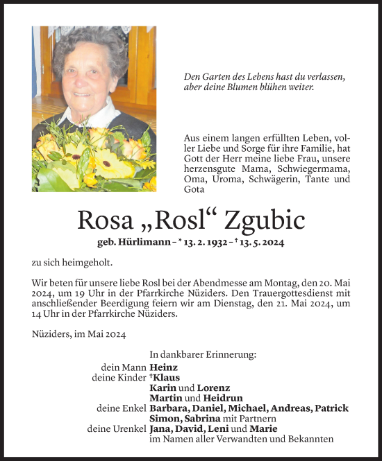 Todesanzeige von Rosa Zgubic von Vorarlberger Nachrichten