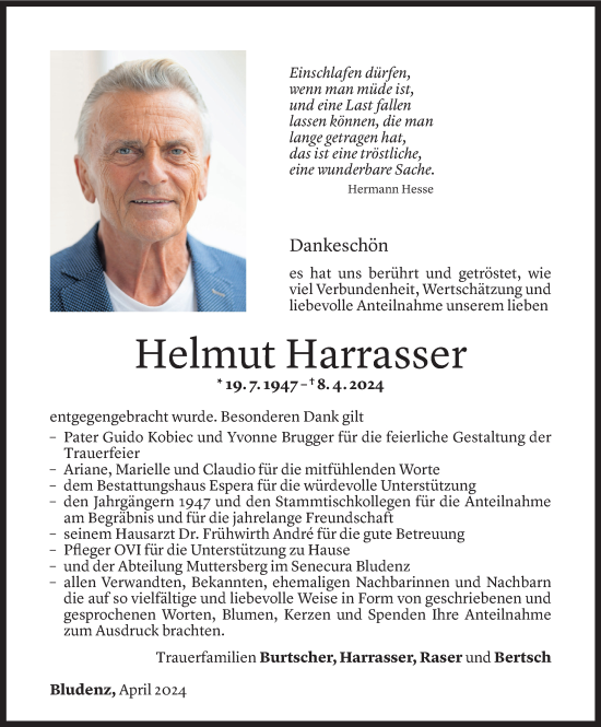 Todesanzeige von Helmut Harrasser von Vorarlberger Nachrichten