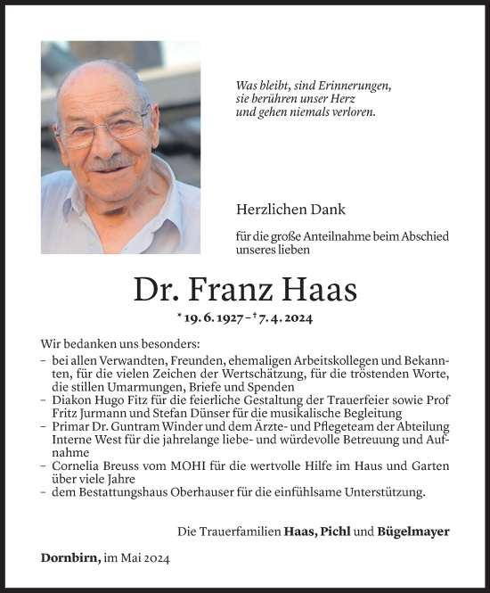 Todesanzeige von Franz Haas von Vorarlberger Nachrichten