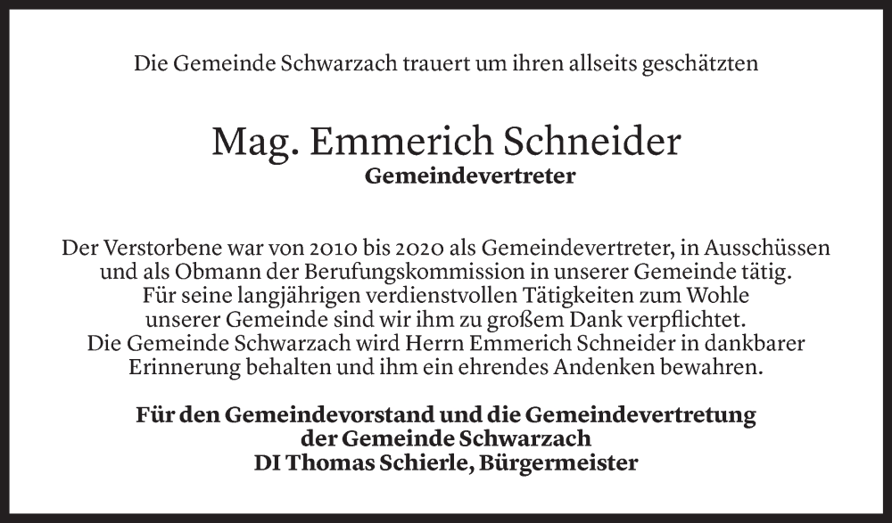  Todesanzeige für Emmerich Schneider vom 08.05.2024 aus Vorarlberger Nachrichten