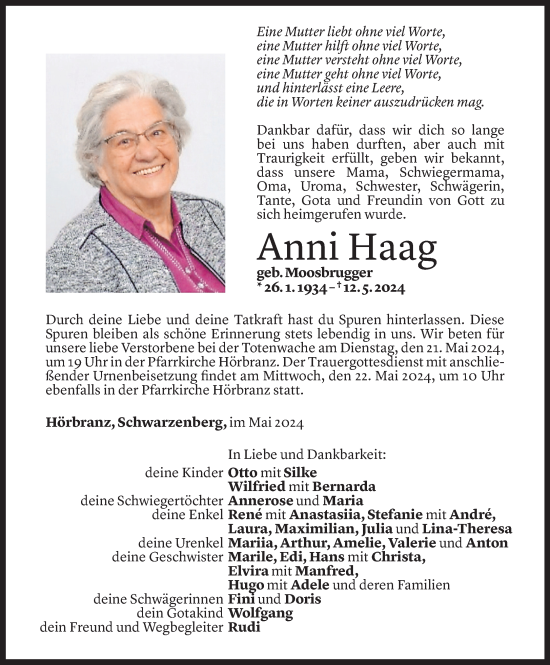 Todesanzeige von Anni Haag von Vorarlberger Nachrichten